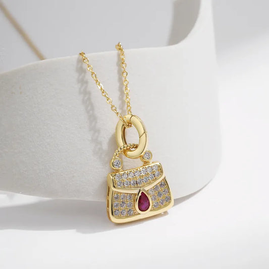 Sterling Silver 14K Gold Plated Luxurious Plating Inlay Bag Zircon Pendant Necklace